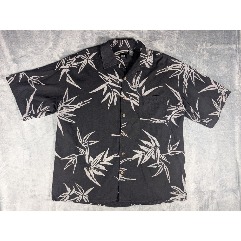 Silk Icon Mens XL Black Bamboo Leaf Print 100% Silk Short Sleeve Button Up Shirt